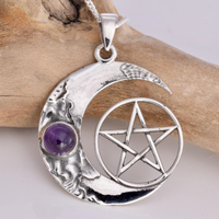 Silver Crescent Moon, Amethyst and Pentagram Pendant