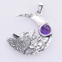 Silver Howling Wolf and Amethyst  Pendant